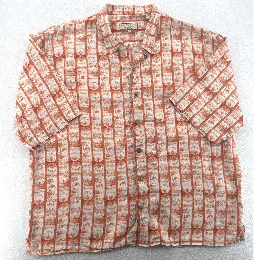 Pusser's 100% Linen Mens Button Up Shirt XXL Orange Tropical Island Graphic